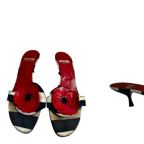 Moschino Vintage Y2K Poppy Floral Striped Kitten Heel Mules Slides Sandals Shoe - Picture 4 of 16